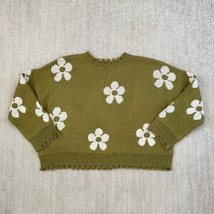 Hayden Los Angeles Green Floral Boho Distressed Crewneck Sweater L